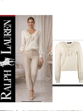 Lauren Ralph Lauren Ruffle V-Neck Pullover Sweater  Winter Cream Black Label 1X